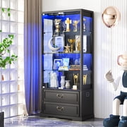 Display Cabinet with Glass Doors, 66.9" LED Storage Showcase with Drawers,4-Tier Curio Cabinet for Collection,Black