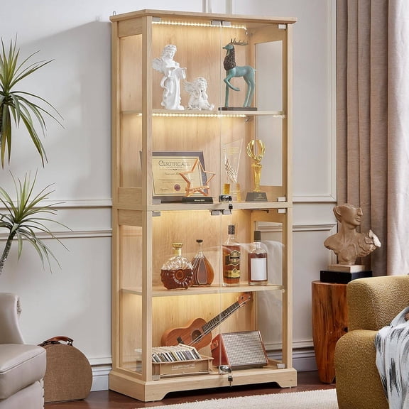 Display Cabinet with Glass Doors, Curio Cabinet with 3-Color Motion-Sensor Light, Natural Wood