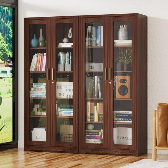 Display Cabinet with Glass Doors, Curio Cabinets with Locking Doors, Metal Storage Cabinet for Kitchen,Living Room 71” H, Assembly Required, Brown