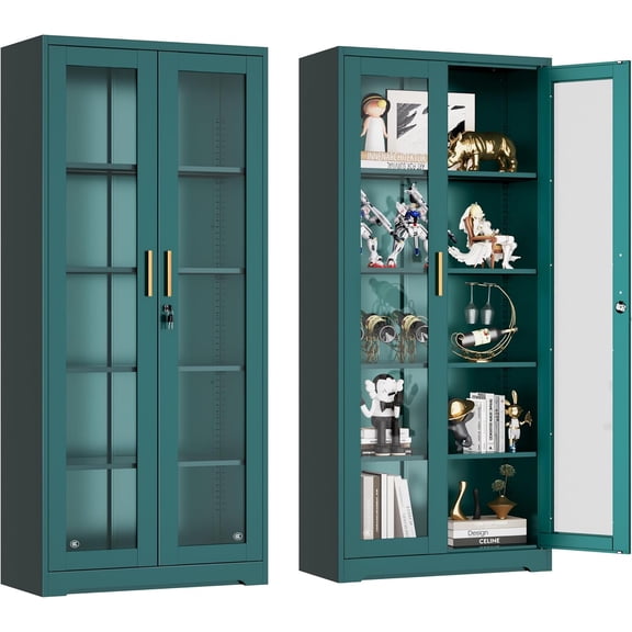 Display Cabinet with Glass Doors, Curio Cabinets with Locking Doors, Metal Storage Cabinet for Kitchen,Living Room 71” H, Assembly Required,Green
