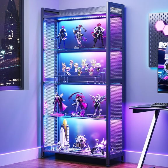 Display Case with Glass Shelves, RGB Light 4-Tier Display Cabinet | Display Shelf with Open Shelf Design & Industrial Metal Mesh, Curio Cabinet for Collectibles, Black Bookcase