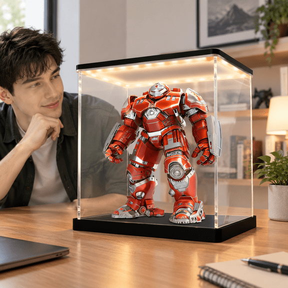 Display Case With Light 7.9x7.9x7.9 In Led 15mm Raised Base 3mmr Panels 3-color Dimmable Lighting For Collectibles And Action Fig