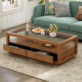 thumbnail image 1 of Display Coffee Table with Open Storage Shelf and 2 Drawers, Rectangular Center Table with Transparent Tempered Glass Top, Wood Sofa Table for Living Room, 1 of 8