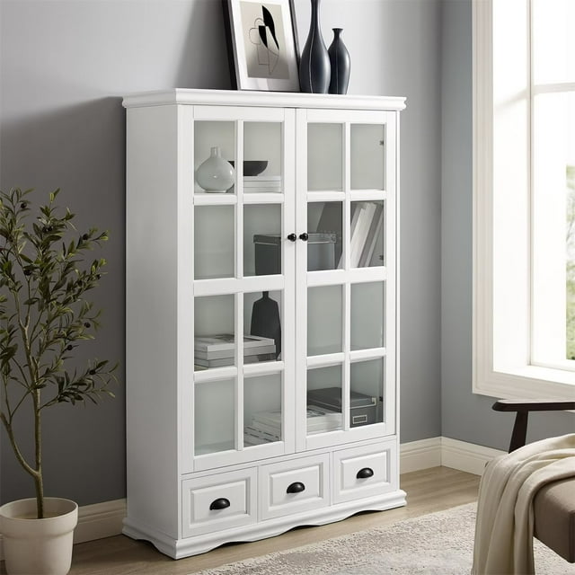 Display Curio Cabinet with Tempered Glass Doors, Wooden Tall Bookcase ...