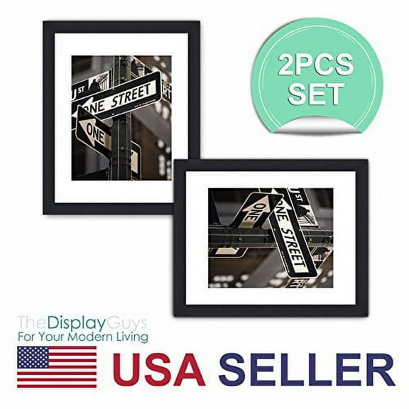 The Display Guys ~ 2 Sets of 16x20 inches Black Wooden Photo Frame, Tempered Glass, Luxury Made Affordable, with 1pc White Mat Board for 11"x14" Picture