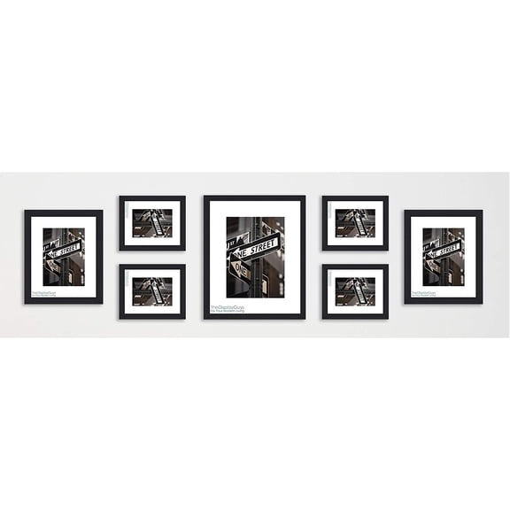 The Display Guys~ 7 Piece Black Wooden Photo Frame Set, One 16x20 Inches, Two 11x14 Inches, Four 8x10 Inches, Each Frame comes with 1pc White Core Mat Board, Luxury Made Affordable