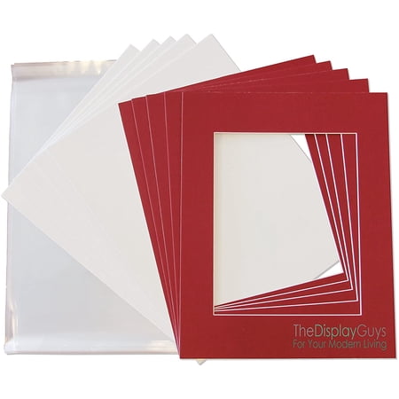 The Display Guys Pack of 25 Red Picture Photo Matting Mat Boards (White Core Bevel Cut) + Backing Boards + Clear Plastic Bags (25pcs Complete Set) (8"x10" Red Mat Boards Complete Set (25pcs)