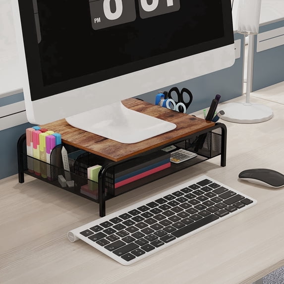 Brown Desk Monitor Stand Riser with Organizer Drawer, Rustic Monitor Riser for Small Printer, Computer, Laptop, Great Gift for Friends, Parents, Teachers