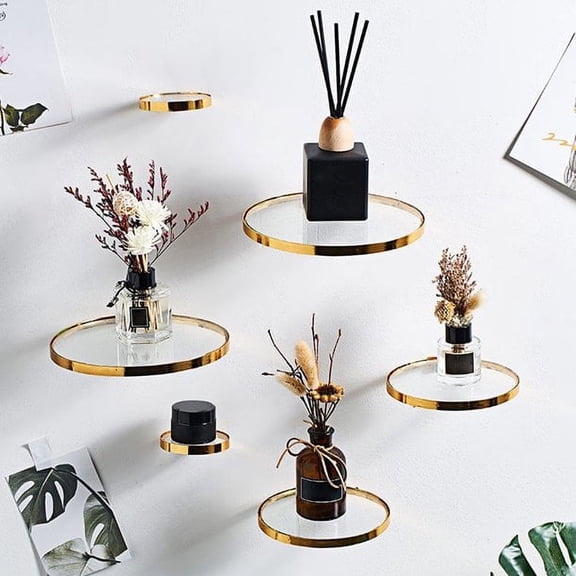 Display Ledge, Wall Mounted Floating Shelves, Modern Round Gold Display Plant Ledge Rack Transparent Home Decoration Accessories for Room,Kitchen,Office, L