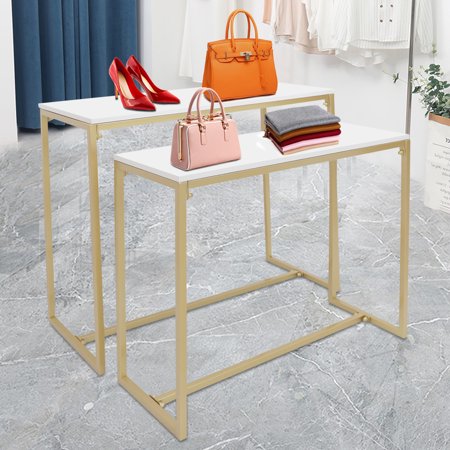 Display Riser Shelf for Retail Stores, 2 Piece Set Metal Shoe Handbag Display Stand, Clothing Shops Nesting Table Steel Pipe Gold & White