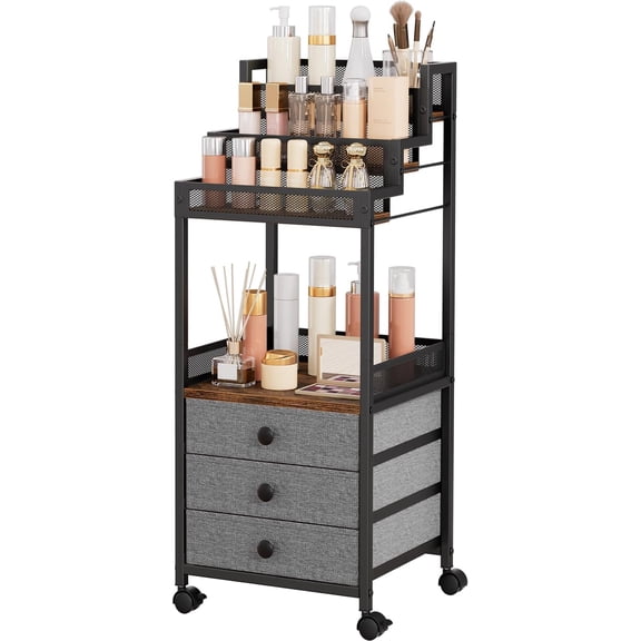 Display Riser Stand Perfume Cologne Organizer, Rolling Makeup Storage Cart with Fabric Drawers, Floor Vanity Display Cases for Care Polish Figures Rustic Brown Ladder Stand