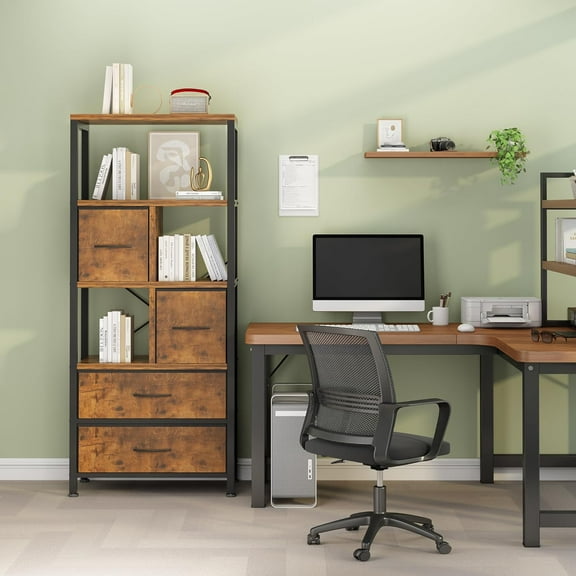 Display Shelf, 5 Layers Cube Storage Organizer, Iron Frame Shelf Opening, Bookcase for Office, Storage Bins with 4 Fabric Drawers, Modern Open Bookcase, Multifunctional Display Shelf for Living Room