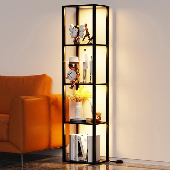 Display Shelf with Light, Curio Cabinet Floor Lamp with Shelves,LED Standing Organizer Tower,Nightstand Bookcase for Living Room Bedroom Office Corner