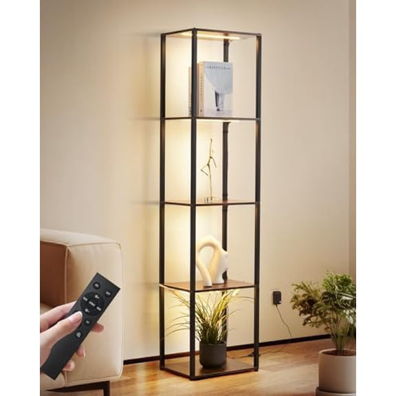 Display Shelf with Lights, 3 Color Temperature & Brightness Curio Collectible Floor Lamp with Shelves, Sturdy Metal Display Cabinet for Living Room, Bedroom, Office Decor Rustic Brown