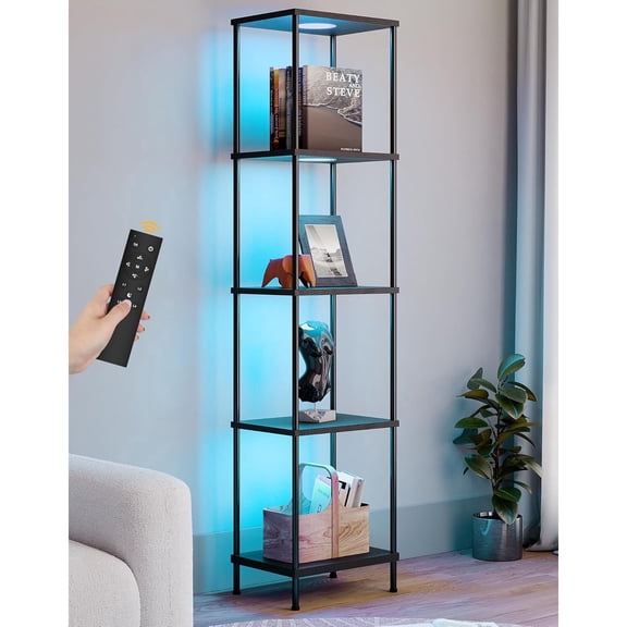 Display Shelf with RGBW Light, Color Changing Curio Cabinet Floor Lamp with Shelves Corner Standing Column Lamp Etagere Organizer Tower Nightstand Bookcase for Living Room Bedroom Office Dcor Black