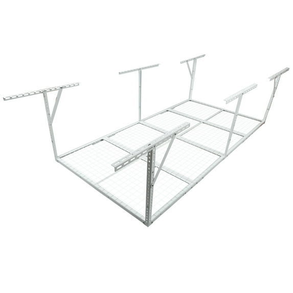 Display Shelves 3x8FT Overhead Garage Storage Rack, Heavy-Duty Metal Garage Ceiling Storage Rack, 22''-40" Adjustable Ceiling Drop-Down, 600 lb. Loading Weight Capacity, White Color,Wooden Display Sh