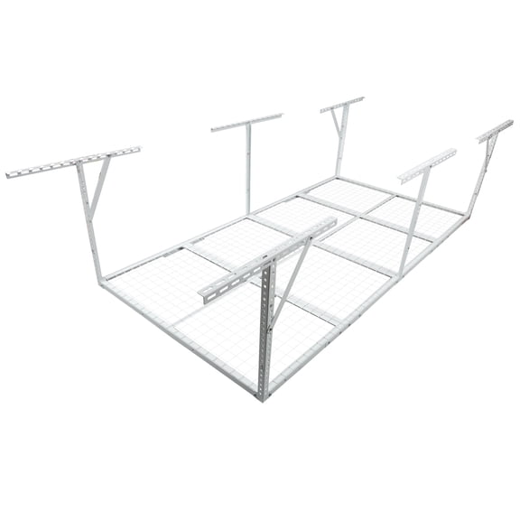 Display Shelves 3x8FT Overhead Garage Storage Rack, Heavy-Duty Metal Garage Ceiling Storage Rack, 22''-40" Adjustable Ceiling Drop-Down, 600 lb. Loading Weight Capacity, White Color,Wooden Display Sh