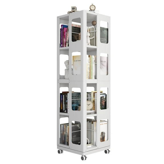Display Shelves 4-Tier All-Steel Rotating Bookshelf with 360° Wheels, Large Size Sturdy & Spacious Book Rack, New Style White Bookshelf,Easy Assembly,Shelving Units