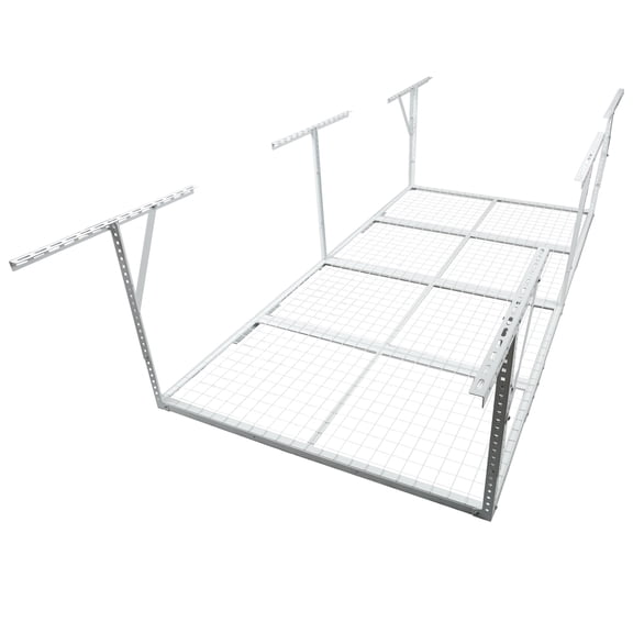 Display Shelves 4x8FT Overhead Garage Storage Rack, Heavy-Duty Metal Garage Ceiling Storage Rack, 22''-40" Adjustable Ceiling Drop-Down, 600 lb. Loading Weight Capacity, White Color,Wooden Display Sh