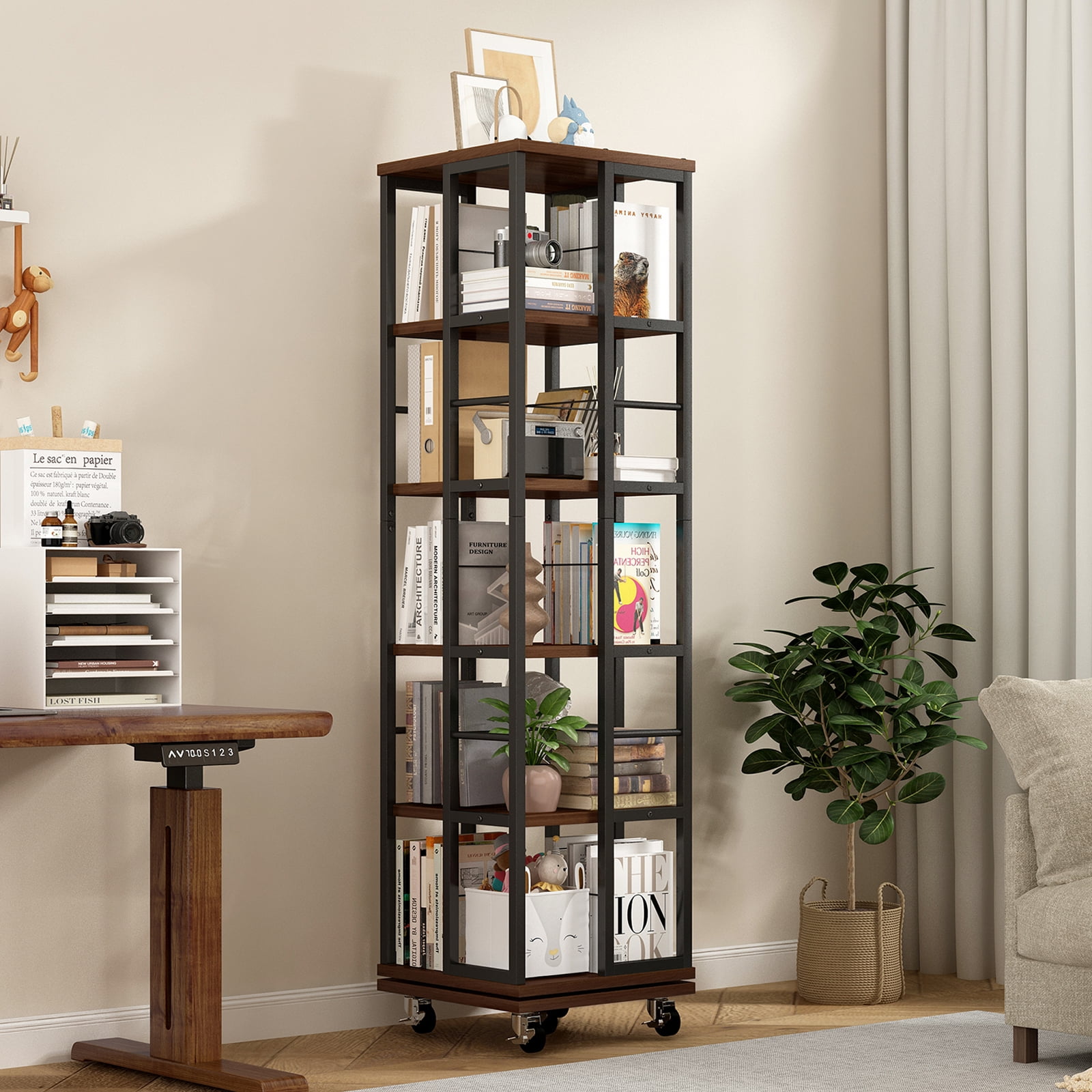 Display Shelves 5 Tiers Rotating Bookshelf, Corner Bookcase, 360 Display Wood Spinning Bookshelves, Floor Standing Bookcase Narrow Shelf, Rustic Brown,Wooden Display Shelves