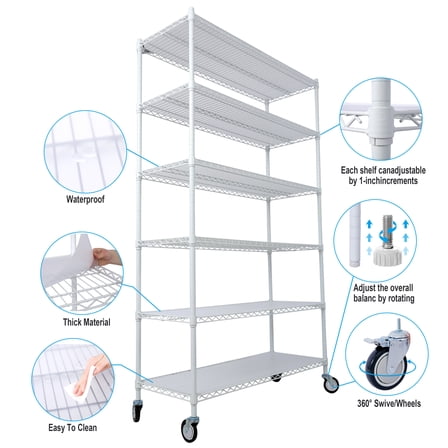 Display Shelves 6 Tier 6000lbs Capacity NSF Metal Shelf Wire Shelving Unit, Heavy Duty Adjustable Storage Rack with Wheels & Shelf Liners for Commercial Grade Utility Steel Storage Rack, white - 84"H