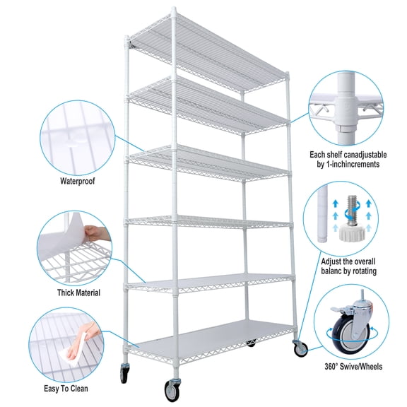 Display Shelves 6 Tier 6000lbs Capacity NSF Metal Shelf Wire Shelving Unit, Heavy Duty Adjustable Storage Rack with Wheels & Shelf Liners for Commercial Grade Utility Steel Storage Rack, white - 84"H