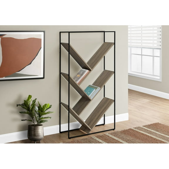 Display Shelves Bookshelf, Bookcase, Etagere, 3 Tier, 60"h, Office, Bedroom, Brown Laminate, Black Metal, Contemporary, Modern,Shelving Units