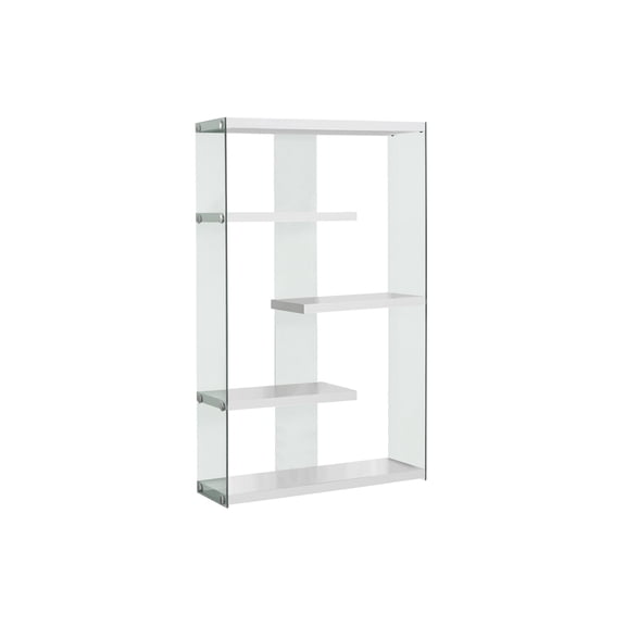 Display Shelves Bookshelf, Bookcase, Etagere, 5 Tier, 60"h, Office, Bedroom, Glossy White Laminate, Clear Tempered Glass, Contemporary, Modern,Wooden Display Shelves