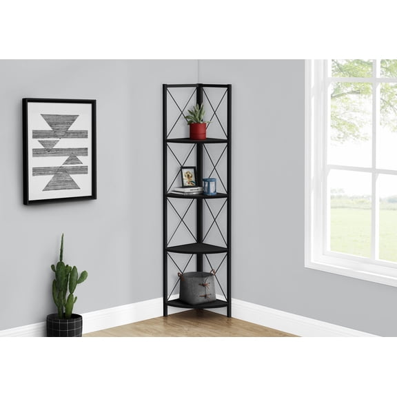 Display Shelves Bookshelf, Bookcase, Etagere, Corner, 4 Tier, 60"h, Office, Bedroom, Black Laminate, Black Metal, Contemporary, Modern,Shelving Units