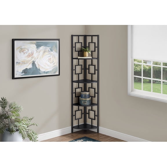 Display Shelves Bookshelf, Bookcase, Etagere, Corner, 4 Tier, 62"h, Office, Bedroom, Black Laminate, Black Metal, Contemporary, Modern,Shelving Units