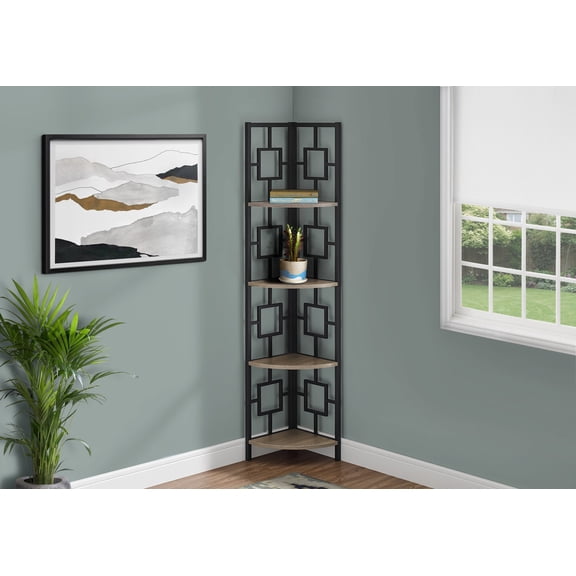 Display Shelves Bookshelf, Bookcase, Etagere, Corner, 4 Tier, 62"h, Office, Bedroom, Brown Laminate, Black Metal, Contemporary, Modern,Shelving Units