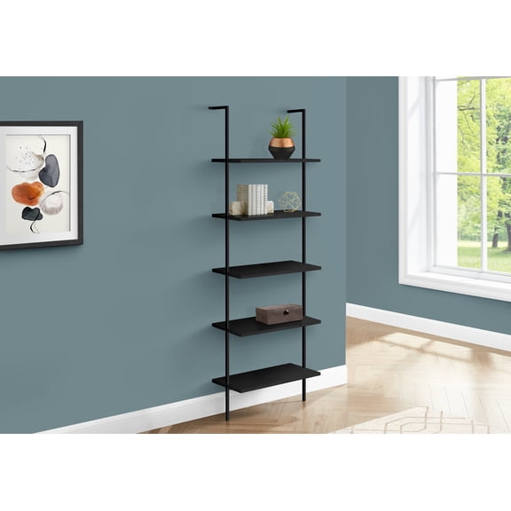 Display Shelves Bookshelf, Bookcase, Etagere, Ladder, 5 Tier, 72"h, Office, Bedroom, Black Laminate, Black Metal, Contemporary, Modern,Shelving Units