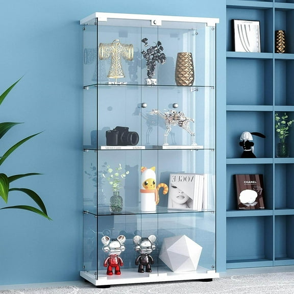 Display Shelves Glass Display Cabinet 4-Shelf 2 Doors with LED Push Light Lockable Glass Display Case with 5mm Tempered Glass Floor-Standing Glass Bookshelf for Bedroom, Living Room, White,Shelving U