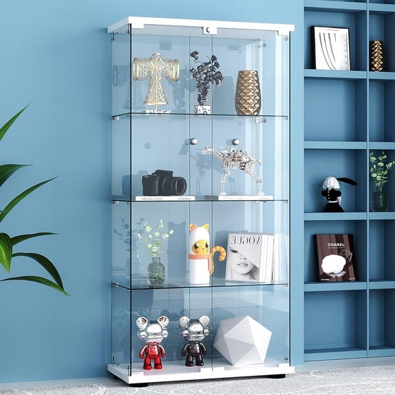 Display Shelves Glass Display Cabinet 4-Shelf 2 Doors with LED Push Light Lockable Glass Display Case with 5mm Tempered Glass Floor-Standing Glass Bookshelf for Bedroom, Living Room, White,Wooden Di