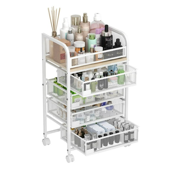 Display Shelves Makeup Organizer with 4 Drawers, Skincare Storage, Floor Skincare Organizers with Wheels Nameplates,Vanity Cosmetic Holder for Perfume, Nail Polish, Brushes, White,Shelving Units