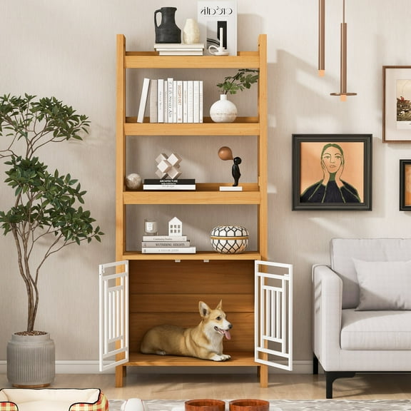 Display Shelves Modern 2 IN 1 Dog Furniture Dog Crate Ladder Bookshelf, Tall Wood Display Shelf with Storage, Dog Kennel Bookcase for Small-sized Dogs up to 50lbs, 32.5"L,Shelving Units