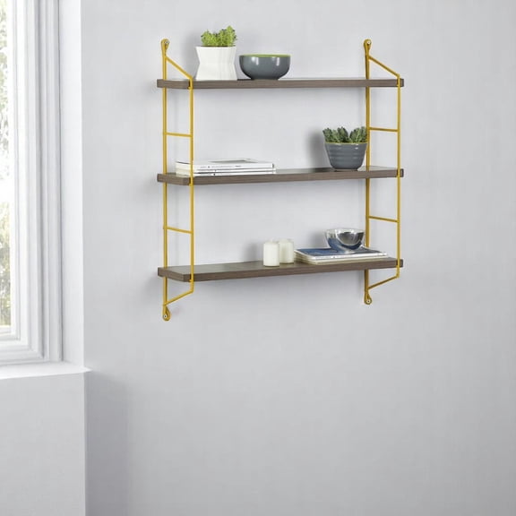 Display Shelves, Neelix Triple Shelf, Walnut/Yellow, Walnut Shelving Units,Solid Wood Wooden Display Shelves, Furniture Primary Living Space Display, Shelving & Etageres Neelix Triple Shelf, Walnut/Y