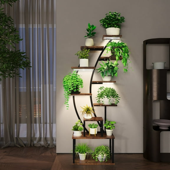Display Shelves Plant Stand Indoor with Grow Lights, 9 Tiered Indoor Plant Stand, 63" Metal Plant Shelf, Tall Plant Stands Indoor Multiple Stands for Living Room, Patio,Wooden Display Shelves