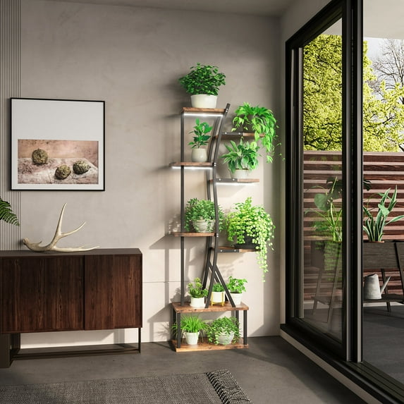 Display Shelves Plant Stand Indoor with Grow Lights, Indoor Plant Stand with Curved Corner, 8 Tiered Plant Shelf Indoor, Tall Plant Stands Indoor for Living Room, Patio, Balcony Decor,Wooden Display