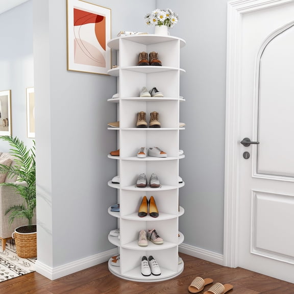 Display Shelves Rotating Shoe Rack Tower, 8-Tier Spinning Storage Rack, Free Standing 360° Revolving Shoe Organizer, Holds 32 Pairs of Shoes (8-Tier,White),Shelving Units