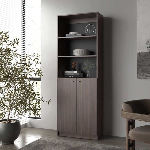 Display Shelves Stained Walnut Bookcase with Open Storage and 2 Doors,Shelving Units