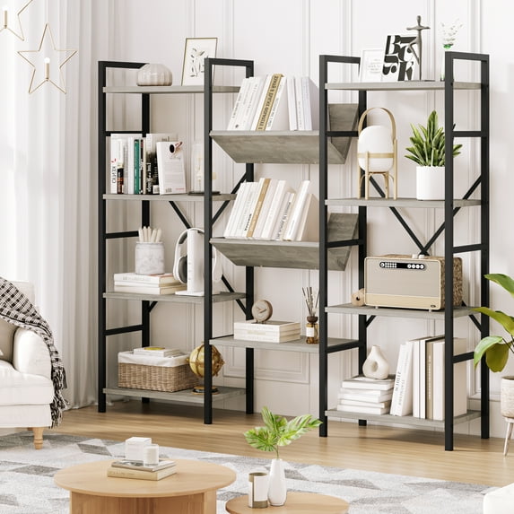 Display Shelves, Triple Wide 4 Tier Book Shelf, Industrial Retro Style Large Open Bookshelf, Metal Frame, Modern Design Bookshelves for Home, for Home, Living Room, Bedroom