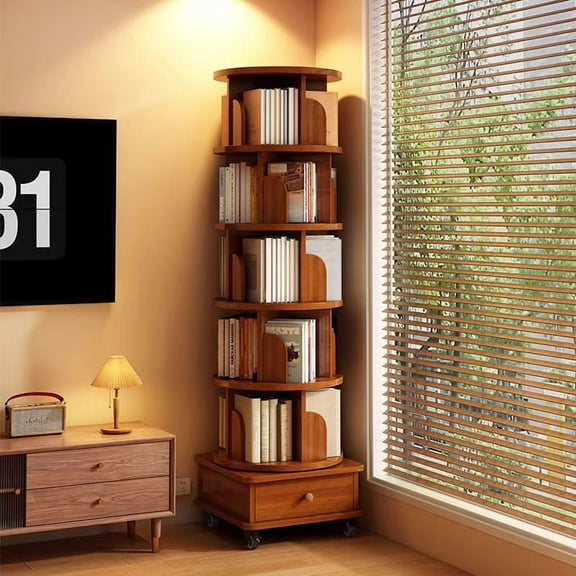Display Shelves (UPGRADED) Rotating Bookshelf, 360 Display Corner Bookshelf for Small Space, 6 Tier Bookcase Storage Rack with Wheels, Wood Narrow Organizer for Bedroom, Living Room, Study Room, Wal
