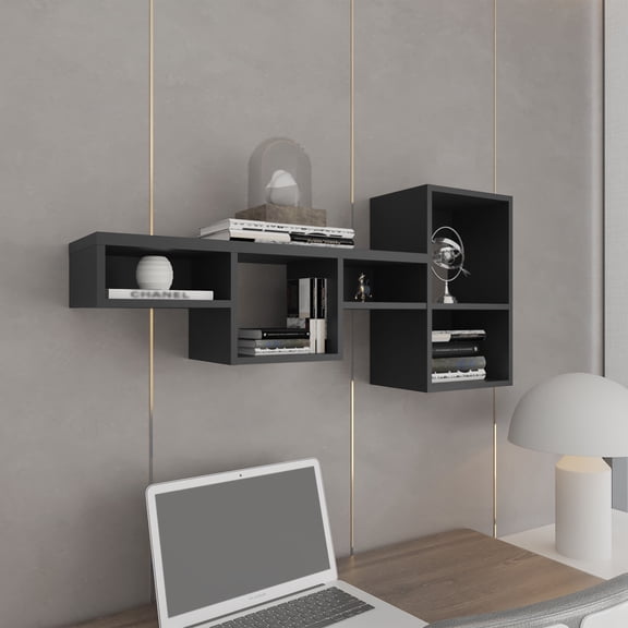 Display Shelves Wallshe 47" Wide 7-Tier Wall Shelf, Cube Shelf Modular Shelf for Living Room, Home office, Bedroom Black,Wooden Display Shelves
