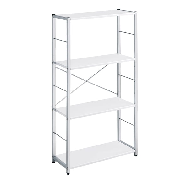 Display Shelves, White and Chrome 4-Tier Rectangular Bookshelf, White+Silver Shelving Units,Wood+Metal Wooden Display Shelves, Furniture Primary Living Space Display, Shelving & Etageres White and Ch