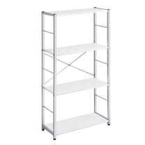 Display Shelves, White and Chrome 4-Tier Rectangular Bookshelf, White Silver Shelving Units,Wood Metal Wooden Display Shelves, Furniture Primary Living Space Display, Shelving & Etageres White and Ch