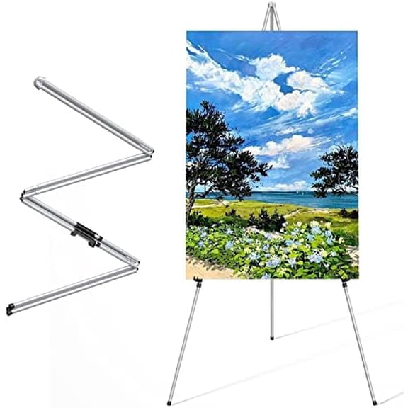 Display Silver Easel Stand - 63" Artist Instant Tripod Collapsible Portable Floor Easel - Adjustable Art Poster Easy Folding Metal Stand for Display Show, Wedding, Painting