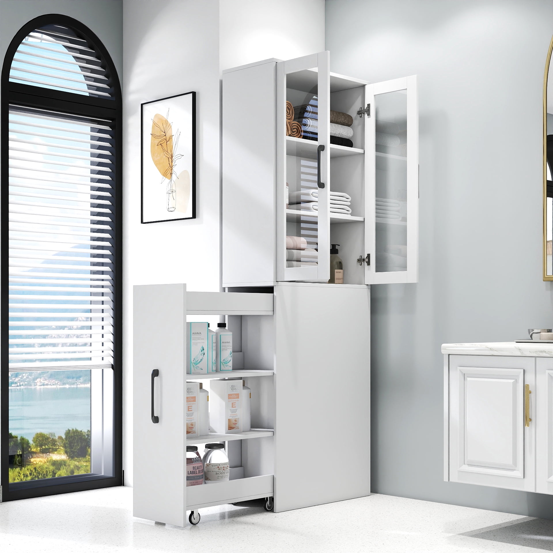 Display Storage Cabinet 4-Tier Pull-Out Shelf with 2 Glass Doors for Kitchen Living Room, White