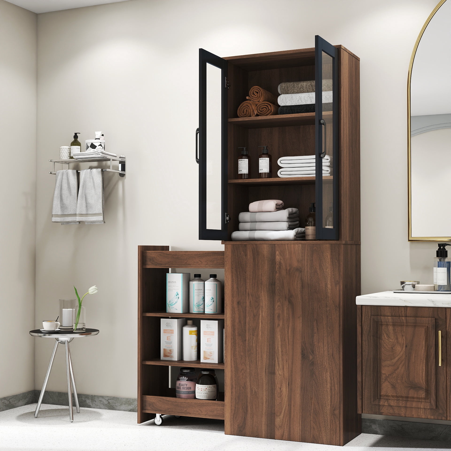 Display Storage Cabinet 4-Tier Pull-Out Shelf with 2 Glass Doors for Kitchen Living Room, White