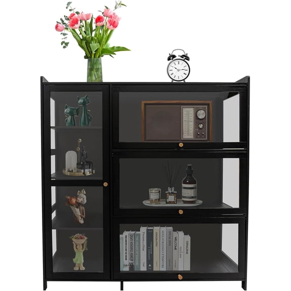 Display Storage Cabinet, Bamboo Curio Cabinet, Storage Cabinets with Hoverable Flap Door, 3 Large Compartments & 4 Shelves for Kitchen Study Warehouse Bedroom